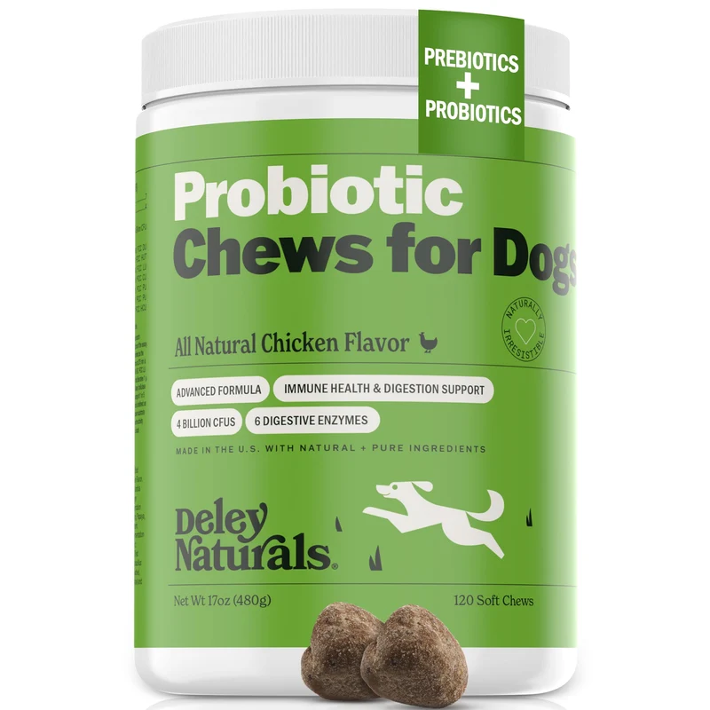 Deley Naturals Friandises Probiotiques pour Chiens – 4 Milliards CFU, Sans Céréales, Enzymes Digestives – 120 Friandises au Poulet – Fabriqué USA