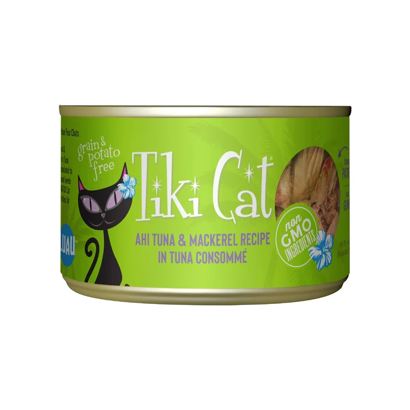 Tiki Cat Luau – Morceaux de thon ahi et maquereau en consommé, sans céréales, alimentation humide pour chats, toutes étapes, lot de 8 boîtes de 170 g