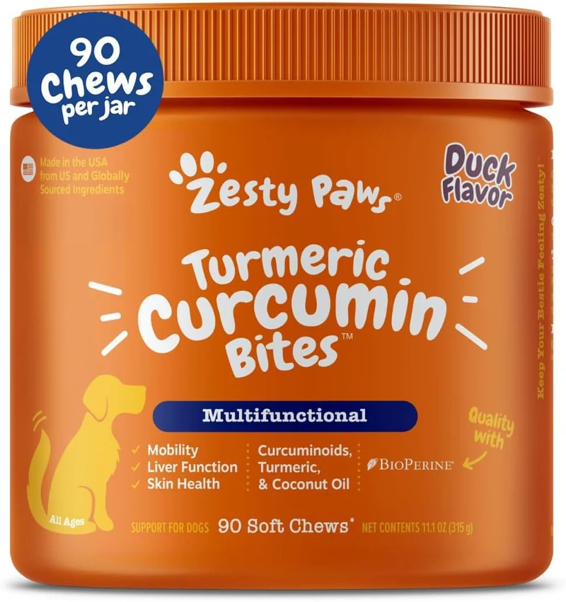 Zesty Paws Turmeric Curcumin pour Chiens – Mobilité des Hanches & Articulations, Digestion et Santé Cardiovasculaire & Hépatique – Huile de Coco, 95% Curcuminoïdes + BioPerine, Goût Canard, 90 bouchées