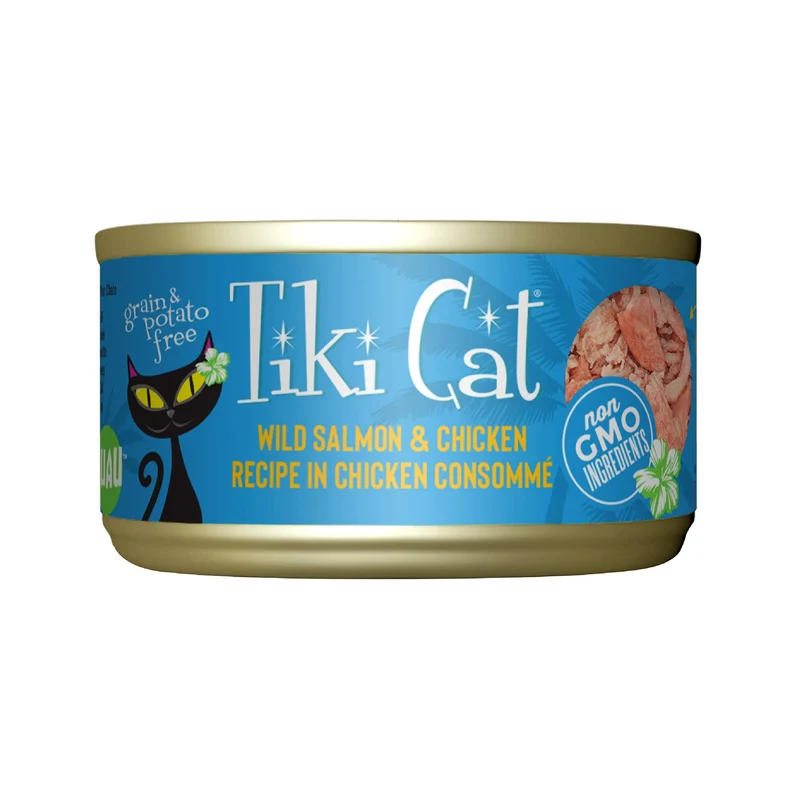 Tiki Cat Luau – Viande Effilée Saumon Sauvage et Poulet dans Consommé de Poulet, Sans Céréales – Nutrition Équilibrée pour Chats, Tous les âges, Boîte 2,8 oz (12 Unités)