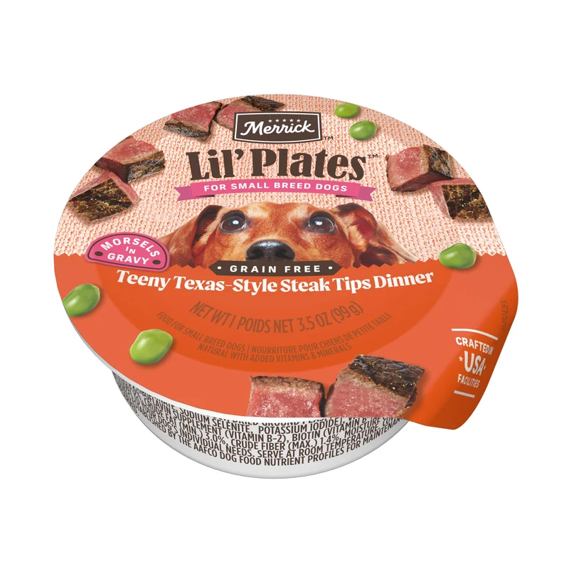 Merrick Lil’ Plates - Aliments humides sans céréales pour petits chiens, Texas Steak Tips au bœuf réel, 3,5 oz