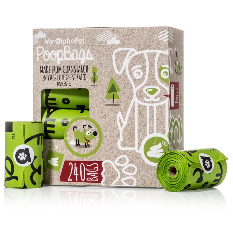 My AlphaPet Sacs compostables pour chiens – Amidon de maïs, OK COMPOST HOME NF T 51-800, 240 sacs, 9x13, Sans parfum, Étanches