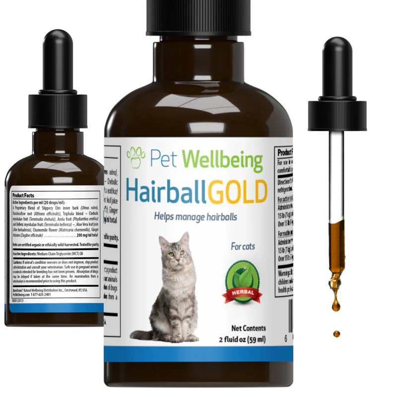 Pet Wellbeing Hairball Gold pour chats – Formulé par des vétérinaires – Lubrification naturelle sans huile minérale – 59 ml