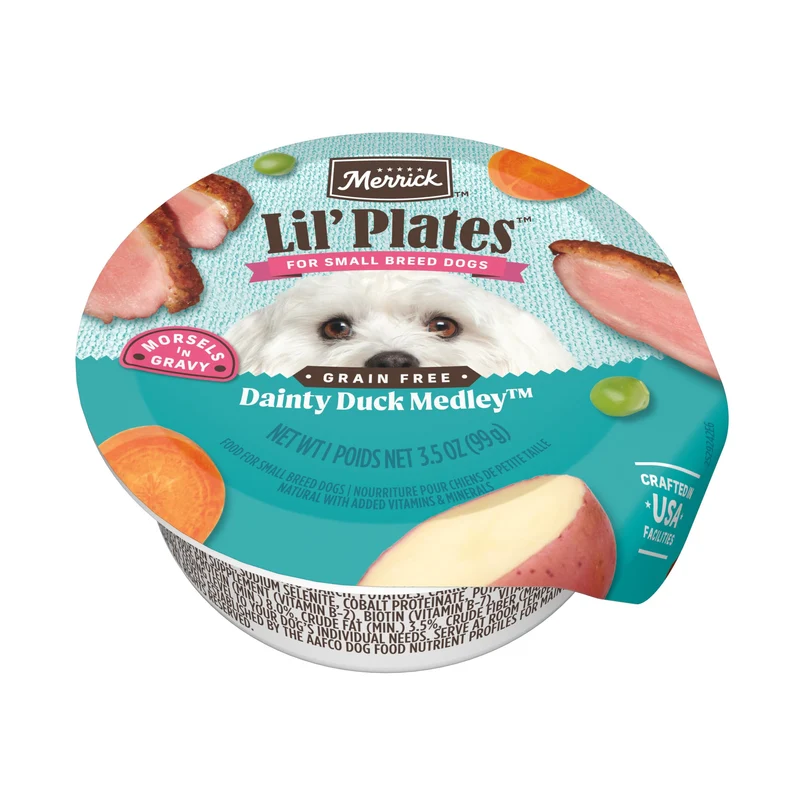 Merrick Lil’ Plates Canard Délicat Sans Céréales pour Petits Chiens – Lot de 12 Pots 3,5 oz