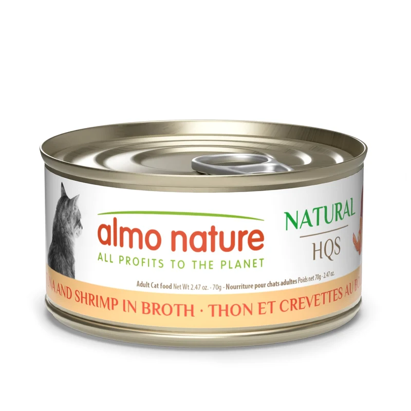 Almo Nature HQS – Nourriture humide naturelle pour chats, Thon et Crevettes en bouillon sans céréales, 70 g (Lot de 24)