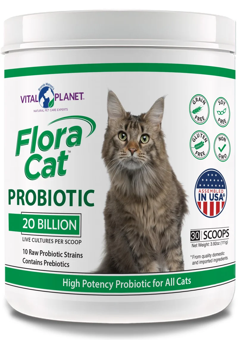 Vital Planet Flora Cat Probiotique pour Chats – 20 Milliards de Cultures, 10 Souches, 30 Portions (3,92 oz) – Soutien Digestif et Immunitaire