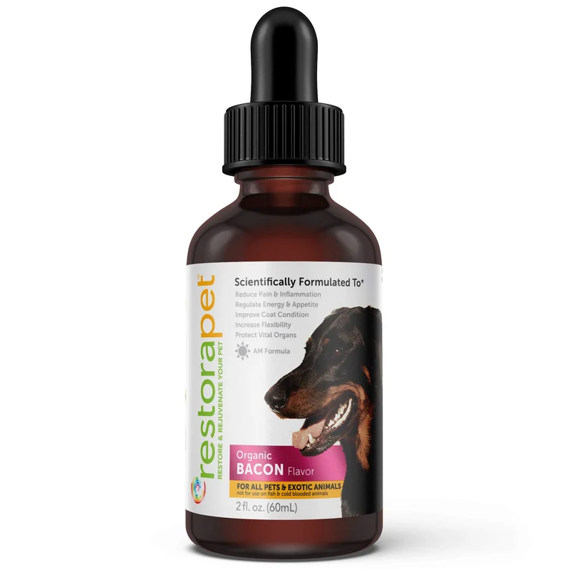 RestoraPet AM Bacon – Multivitamines liquides pour chiens et chats | Soutien articulations et mobilité, vegan, non-OGM, approuvé par les vétérinaires