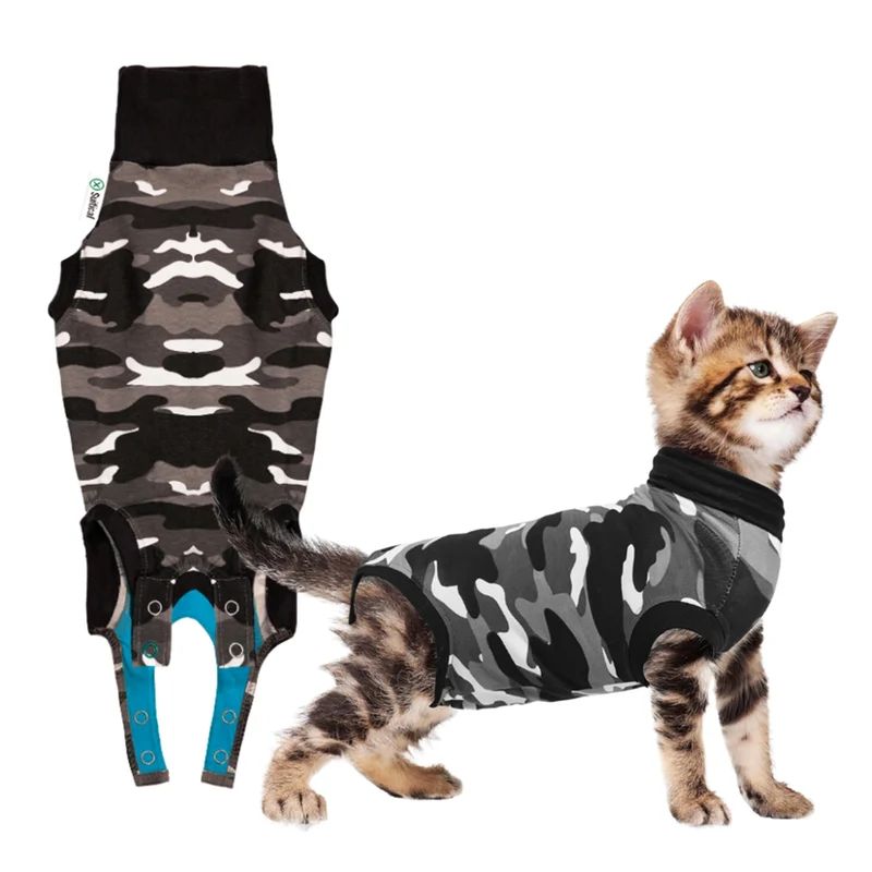 Suitical Combinaison de Récupération pour Chats – Après chirurgie (stérilisation), tissu doux – Noir camouflage – Taille 3XS, cou à la queue 29–37 cm, poitrine 58–86 cm