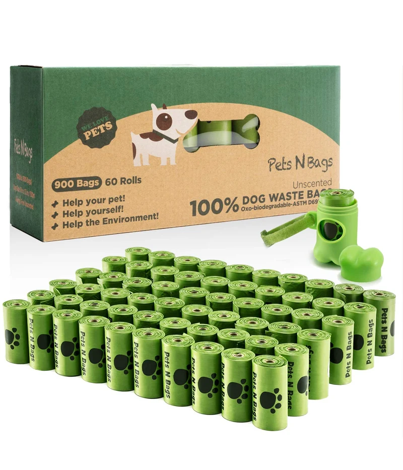 Pets N Bags Sacs à crottes pour chiens – 60 rouleaux (900 sacs), sans parfum, distributeur inclus