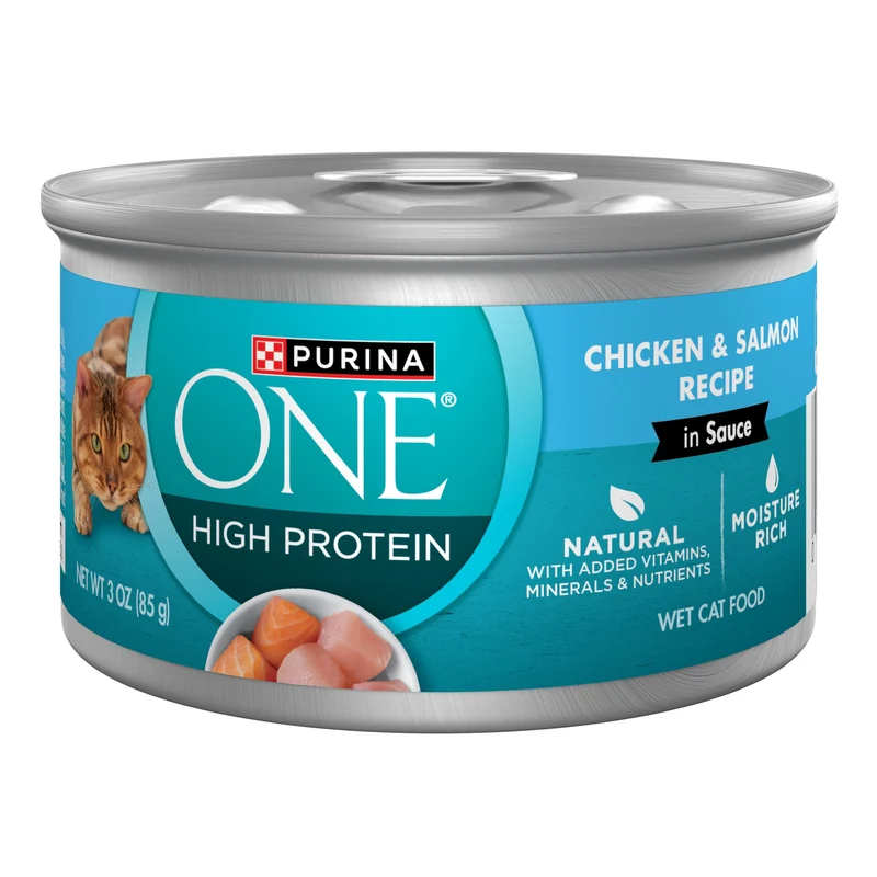 Purina ONE Naturel – Chat à Haute Protéine, Poulet et Saumon en Sauce, Boîtes Humides 85 g (Pack 24)