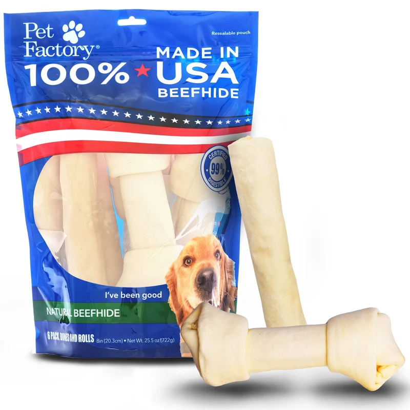 Pet Factory – Os et Rouleaux en Peau de Boeuf 100% USA, Saveur Naturelle, 6 Pièces