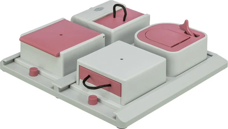TRIXIE Cat Activity Poker Box – Jeu de puzzle interactif à 4 modules pour stimulation mentale et repas lent – Rose/Gris, environ 31 x 31 x 6 cm
