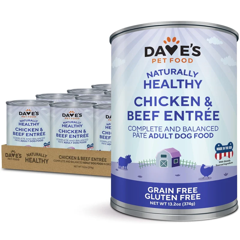 Dave's Pet Food – Pâtée humide pour chien au poulet et boeuf, fabriquée aux États‑Unis, sans gluten, 12 boîtes de 13,2 oz