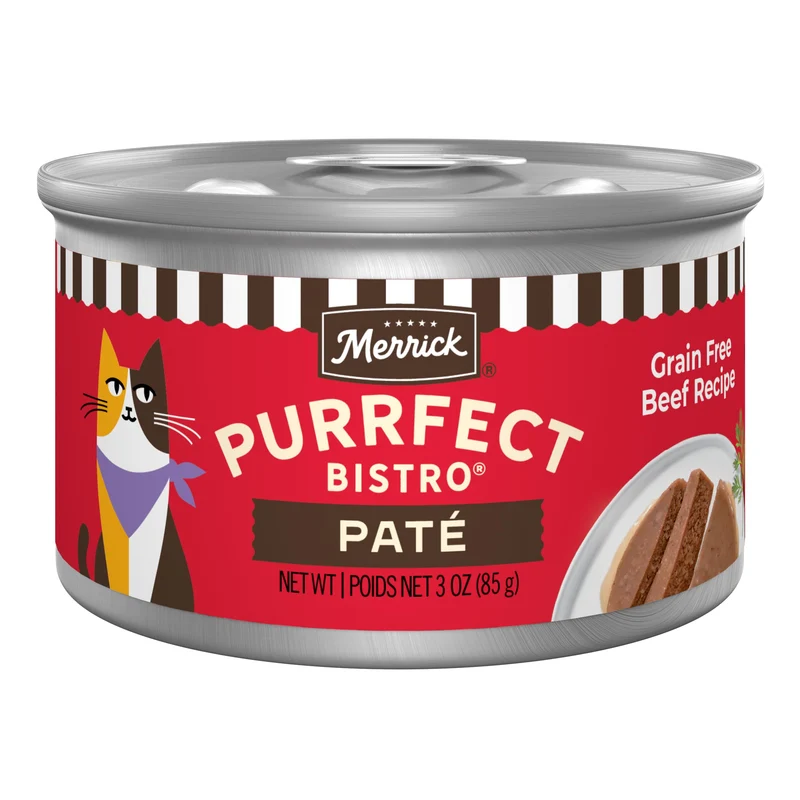 Merrick Purrfect Bistro Pâté au Bœuf Sans Céréales – Haute Protéine pour Chat, Pack de 24 boîtes 85 g