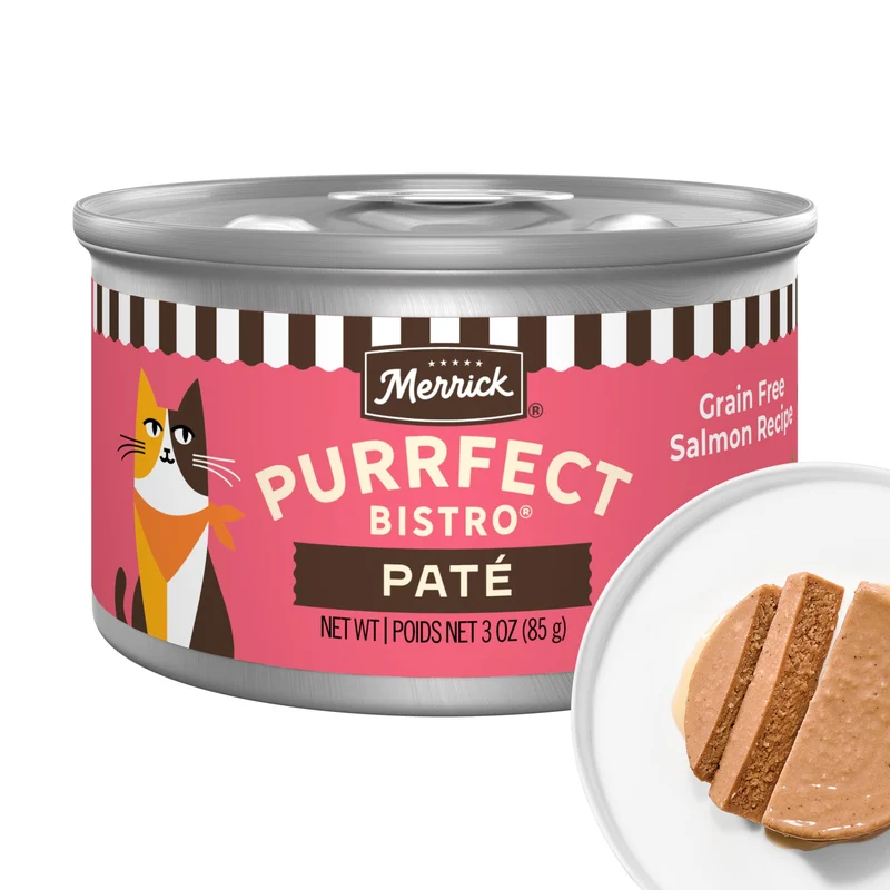 Merrick Purrfect Bistro Pâté Saumon Sans Céréales — Chat Adulte, Haute Protéine, Boîtes 3 oz (Pack 24)