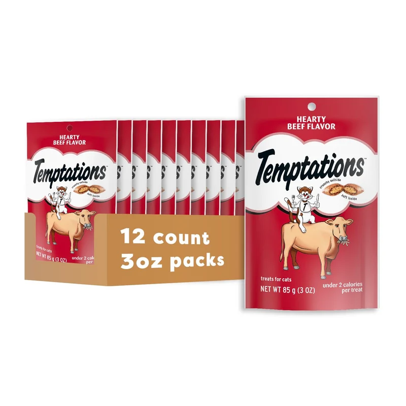 Temptations Classic Friandises pour Chats Boeuf – Croquant et Douceur, Poche 3 oz, Lot de 12