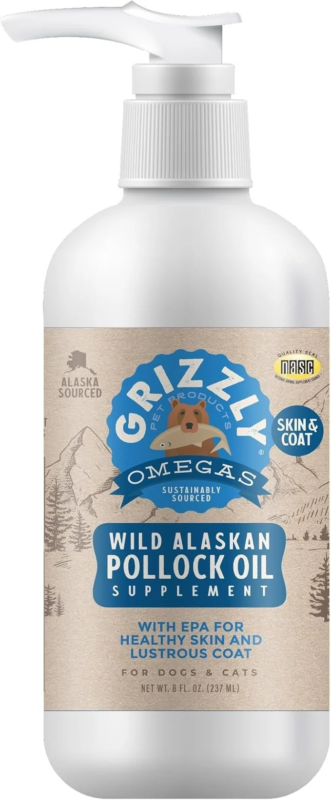 GRIZZLY PET PRODUCTS Pollock Oil – Supplément huile de poisson pour chien et chat, 32 onces