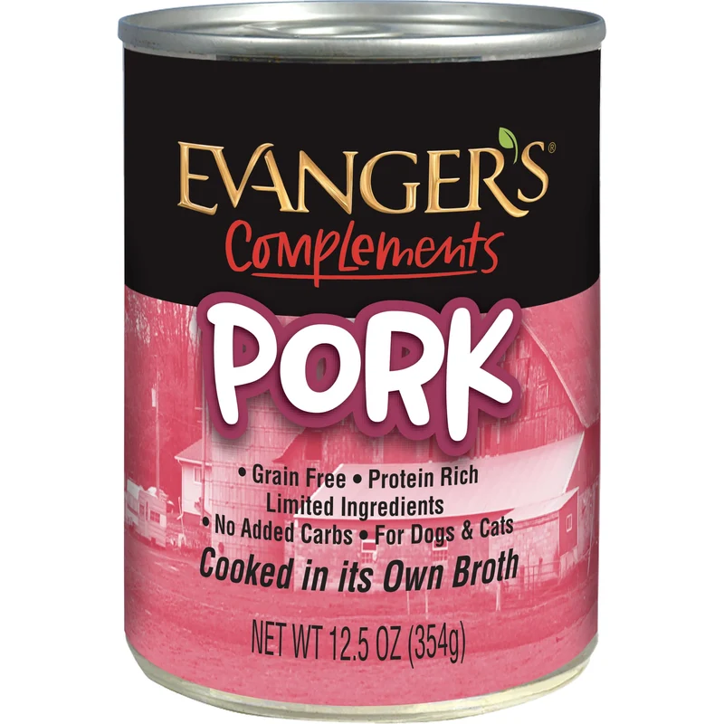 Evanger's Complements Porc Sans Céréales – Nourriture humide chiens et chats, 12 boîtes de 354 g