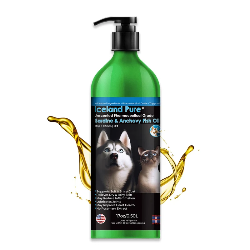 Iceland Pure – Huile sardine et anchois 1296 mg oméga | Sans parfum | Pour chiens et chats | Bouteille pompe 17 oz