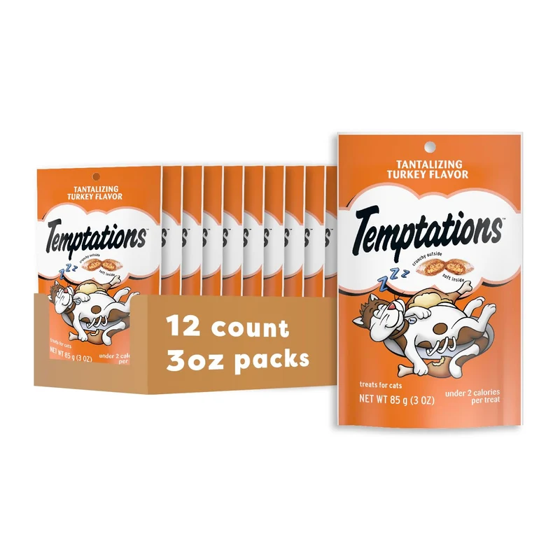 Temptations : Friandises pour chats saveur Dinde — croquant et moelleux, sachet 85 g (lot de 12)
