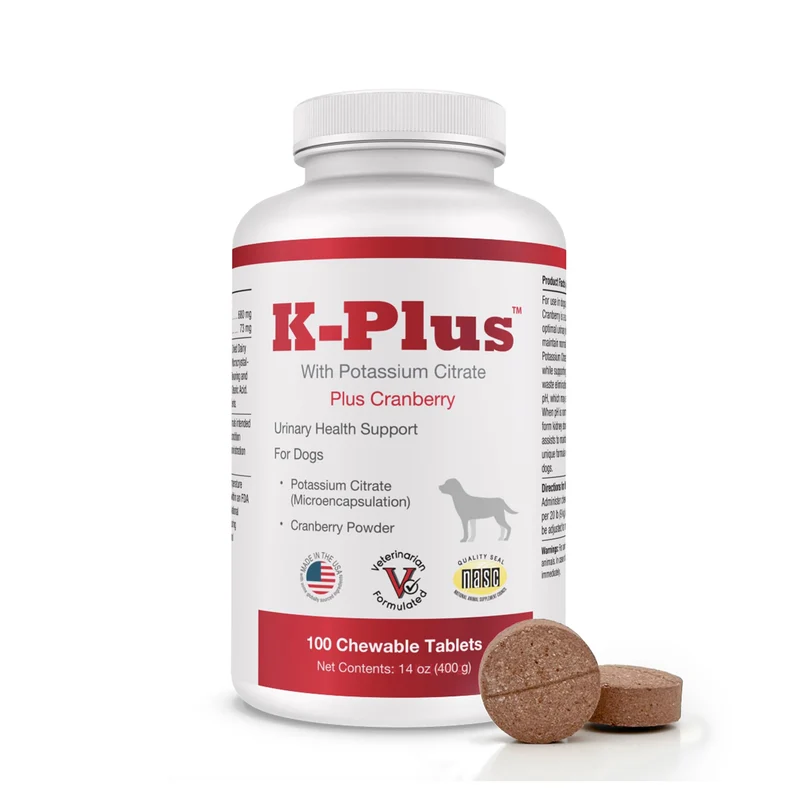 Pet Health Solutions - K-Plus Citrate de Potassium + Canneberge pour Chiens | Comprimés Masticables pour Santé Urinaire (100 comprimés)