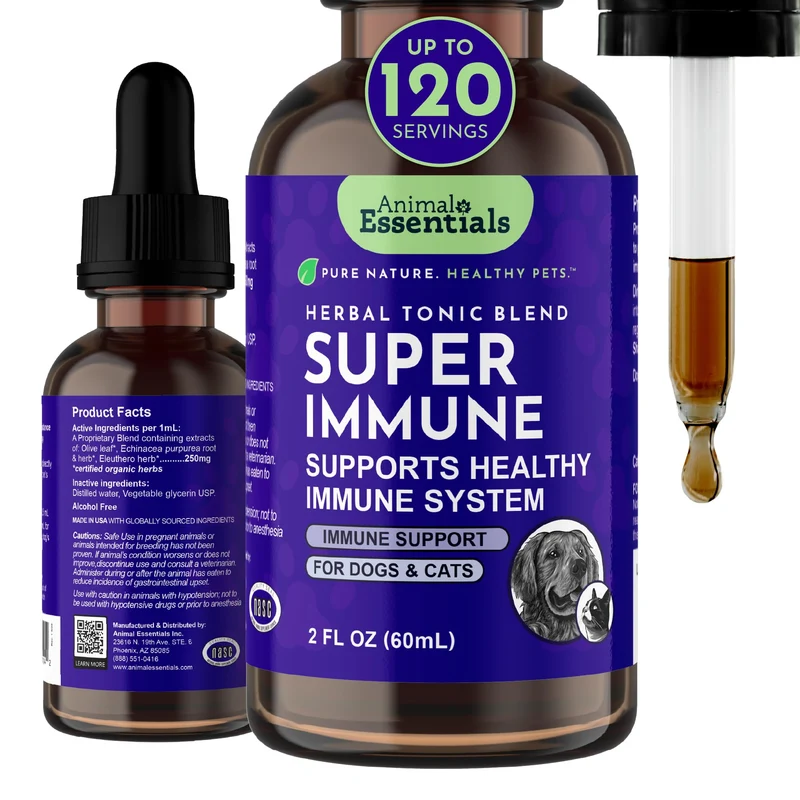 Animal Essentials Super Immune – Soutien immunitaire chien et chat, feuille-d-olive et échinacée – 2 fl oz