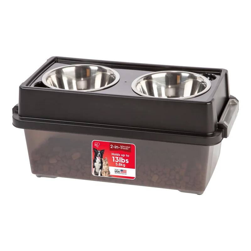 IRIS USA Gamelles surélevées avec Rangement – Hauteur 9 po pour Petits Chiens, Stockage Hermétique jusqu’à 13 lb, À Domicile ou en Camping, Couleur Fumé/Noir
