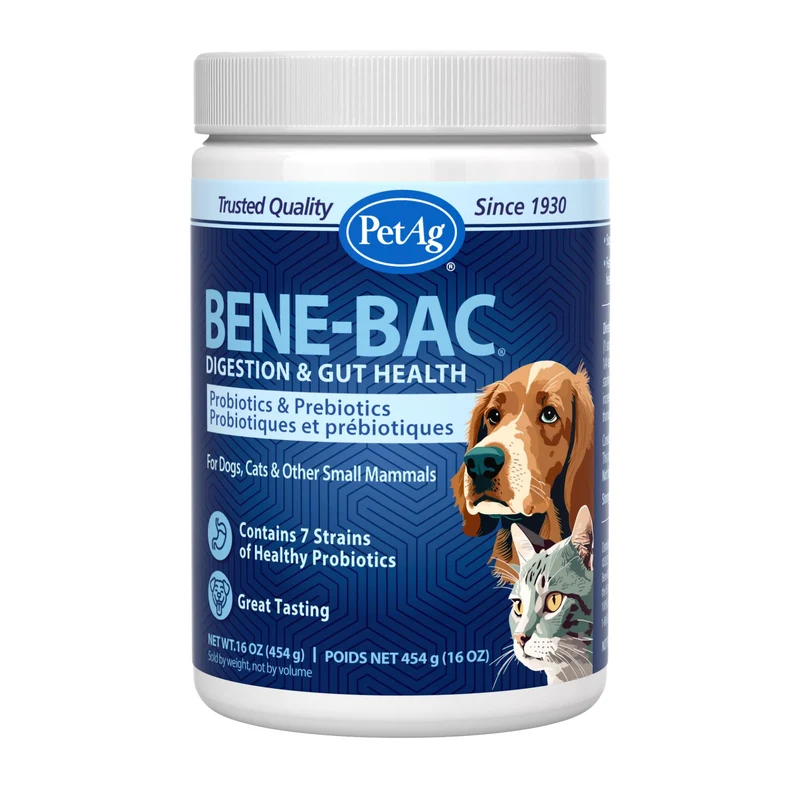 PetAg Bene-Bac Plus - Poudre 1 lb - FOS et Probiotiques pour chiens, chats, mammifères exotiques et faune sauvage