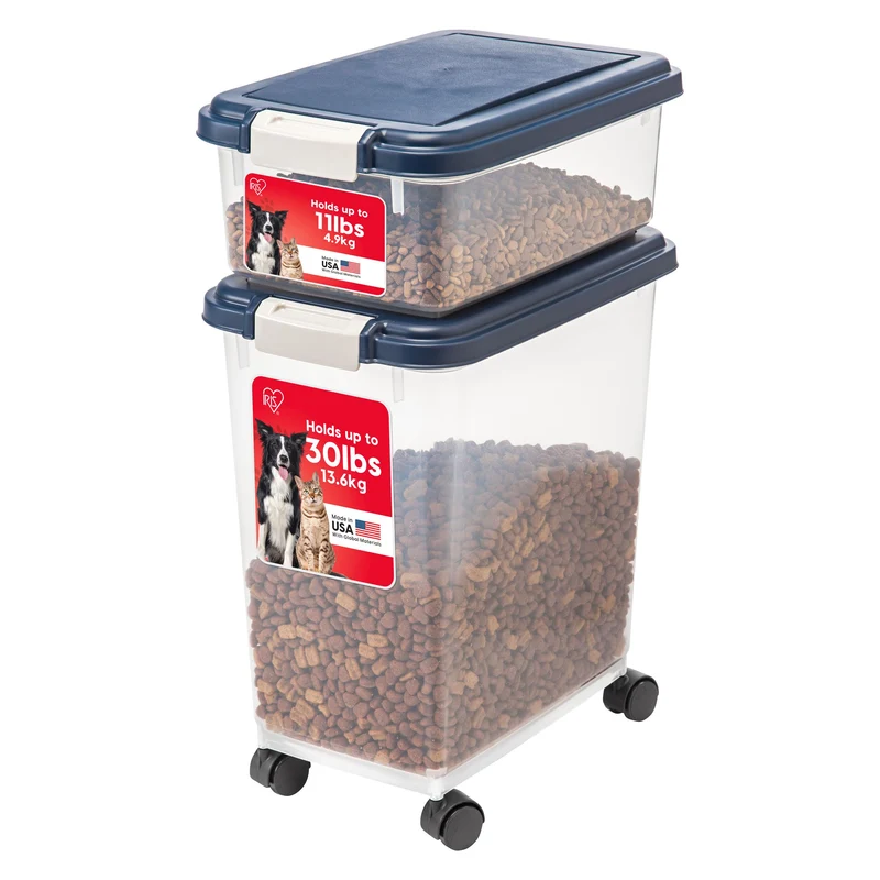 IRIS USA Ensemble Rangement Nourriture Animaux 30 lb + 11 lb – Hermétique, Roues, Sans BPA, Fabriqué aux États‑Unis, Bleu Marine