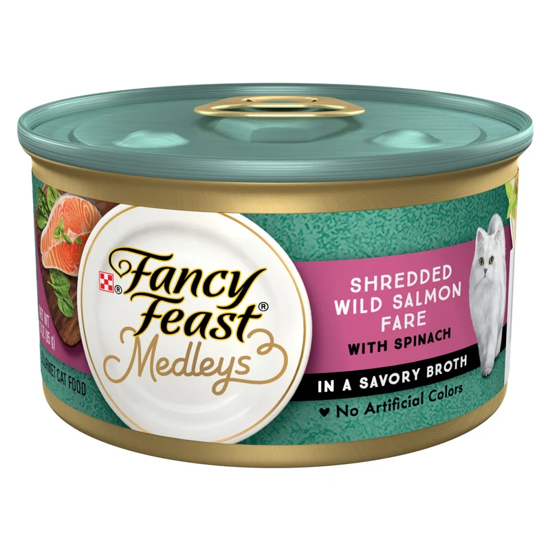 Fancy Feast Medleys Saumon Sauvage et Épinards en Bouillon Savoureux – Pack de 24 boîtes de 85 g
