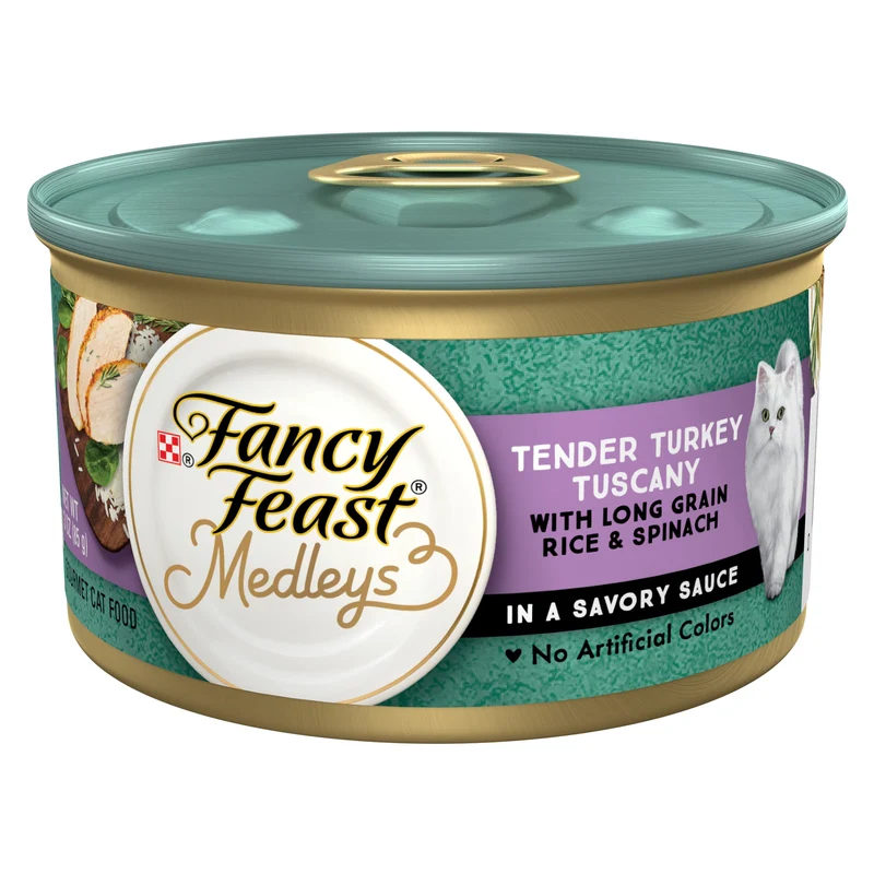 Fancy Feast Medleys Dinde Tendre Tuscany – Riz Long Grain et Épinards, Sauce Savoureuse – Boîtes 3 oz (Pack de 24)