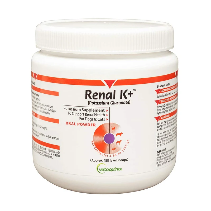 Vetoquinol Renal K+ (gluconate de potassium) Complément potassium en poudre pour chiens et chats, 3,5 oz