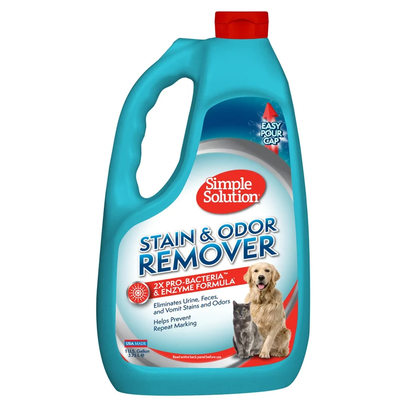 Éliminateur de taches et d odeurs Simple Solution pour animaux – Nettoyant enzymatique pour tapis et urine de chat et chien (galon)