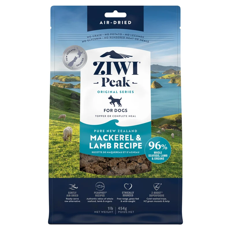 ZIWI Peak Air-Dried – Maquereau & Agneau, Aliment chien sans céréales, Protéines élevées, Ingrédients limités (454 g)