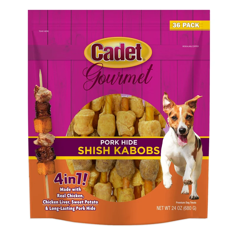 Cadet Gourmet Brochettes pour Petits Chiens – Friandises Naturelles au Poulet, Canard et Patate Douce, Peau de Porc, Bâtonnets de 5 pouces, 24 oz