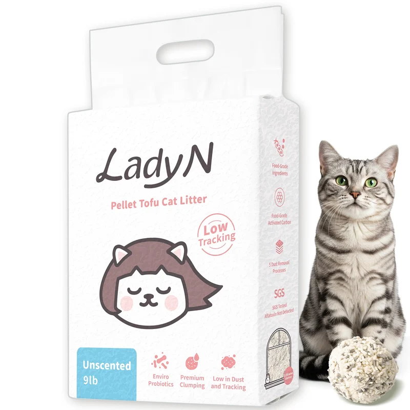 Lady N Pellet Tofu Litière pour Chat — Mottes Robustes, Ultra Absorbante, Sans Poussière, Faible Tracking, Probiotiques Environnementaux et Charbon Actif, 9 lb (Pack Sans Parfum)