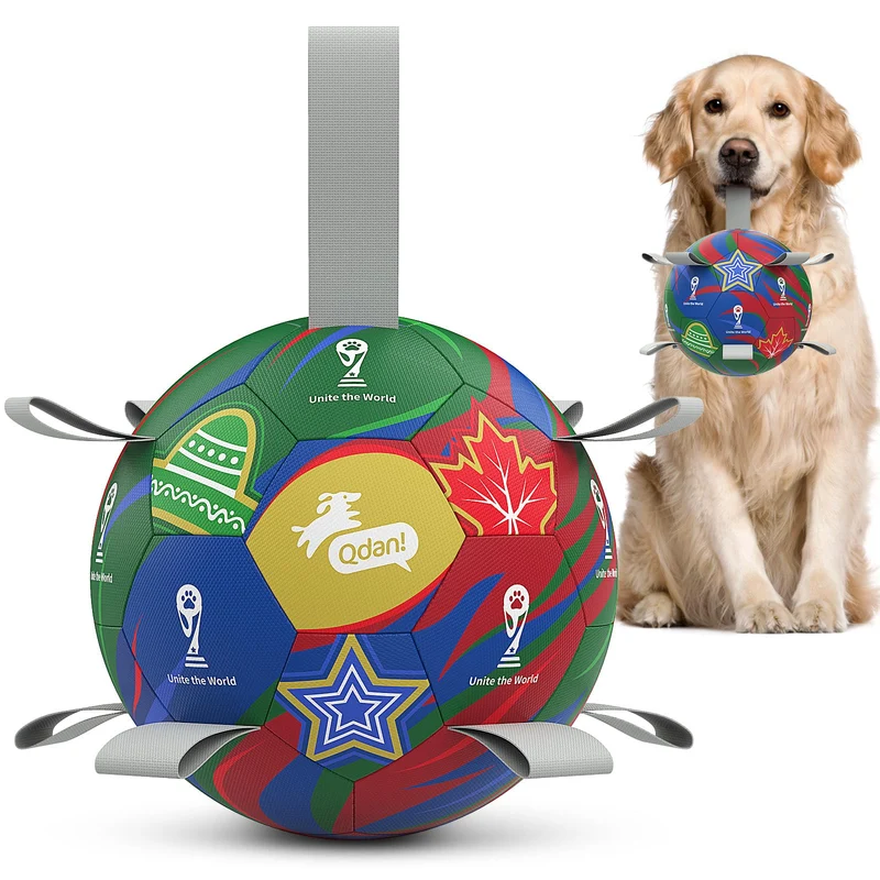 QDAN Balle de Foot pour Chien avec Sangles – 7 Pouces, Design Coupe du Monde