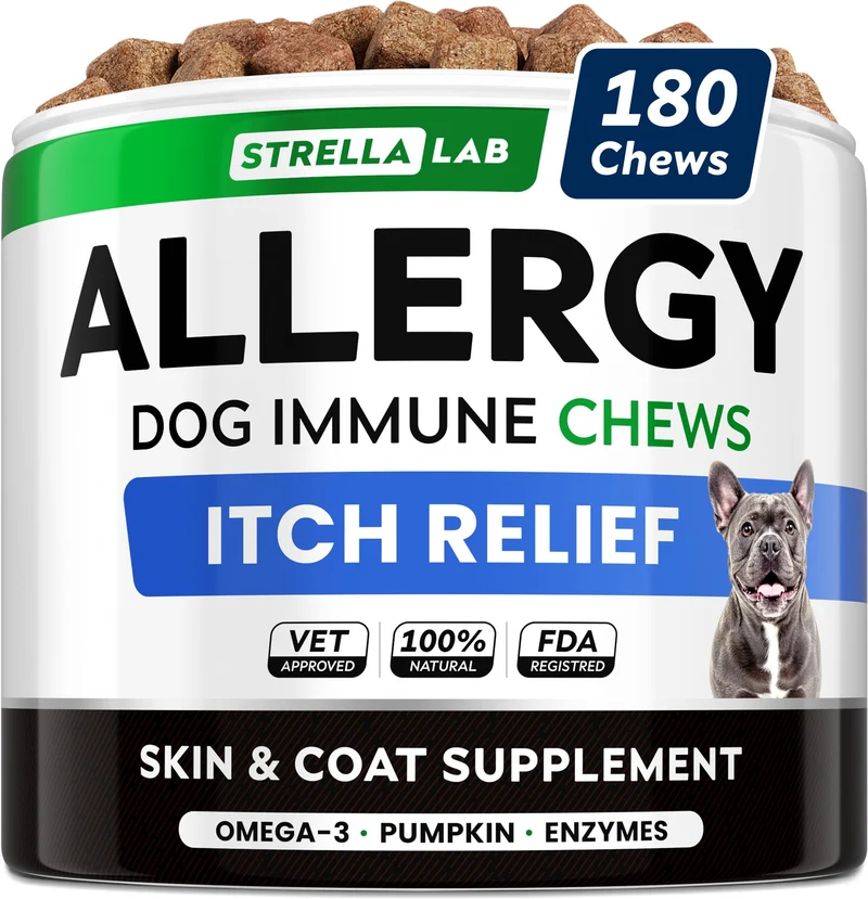 StrellaLab Chien – Soulagement allergies & démangeaisons, Oméga-3, ingrédients réels – 180 bouchées (USA)