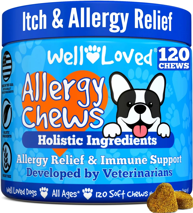 Well Loved – Friables d’allergie pour chiens : soutien peau et pelage, démangeaisons, 120 bouchées, vétérinaires, fabriqué aux États‑Unis