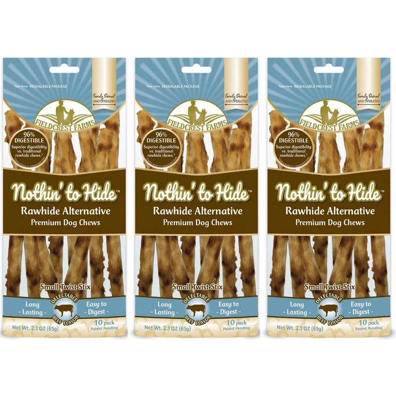 Fieldcrest Farms Nothing to Hide Twist Stix – Bâtonnets naturels sans Rawhide au boeuf, lot de 3 (30 sticks), digestibles premium et soin dentaire potentiel