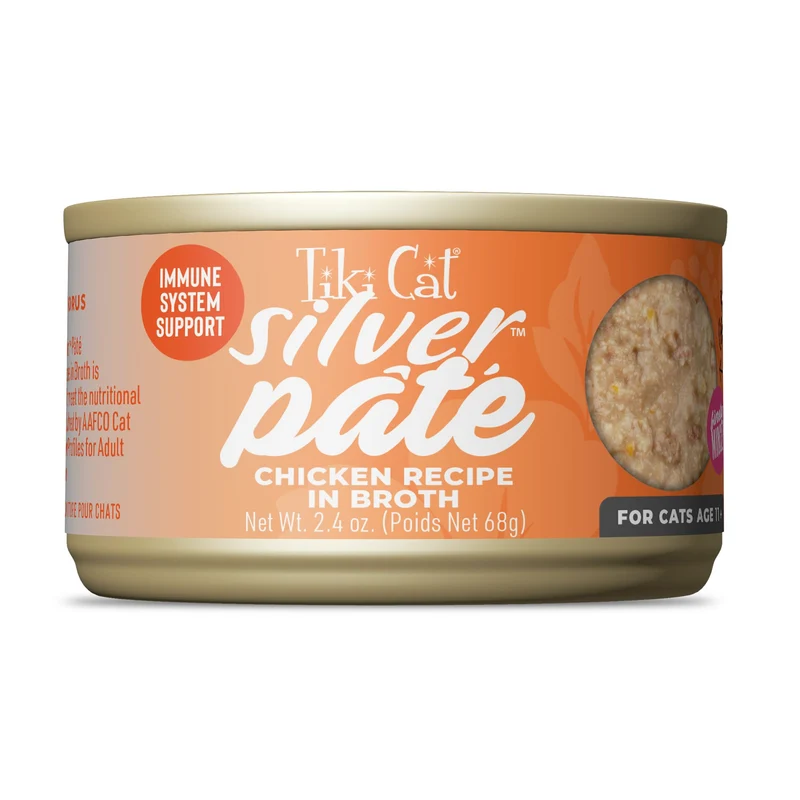 Tiki Cat Silver Pâté au Poulet en Bouillon – Chats Seniors 11+ | 12 Boîtes 2,4 oz Sans Céréales Non-OGM