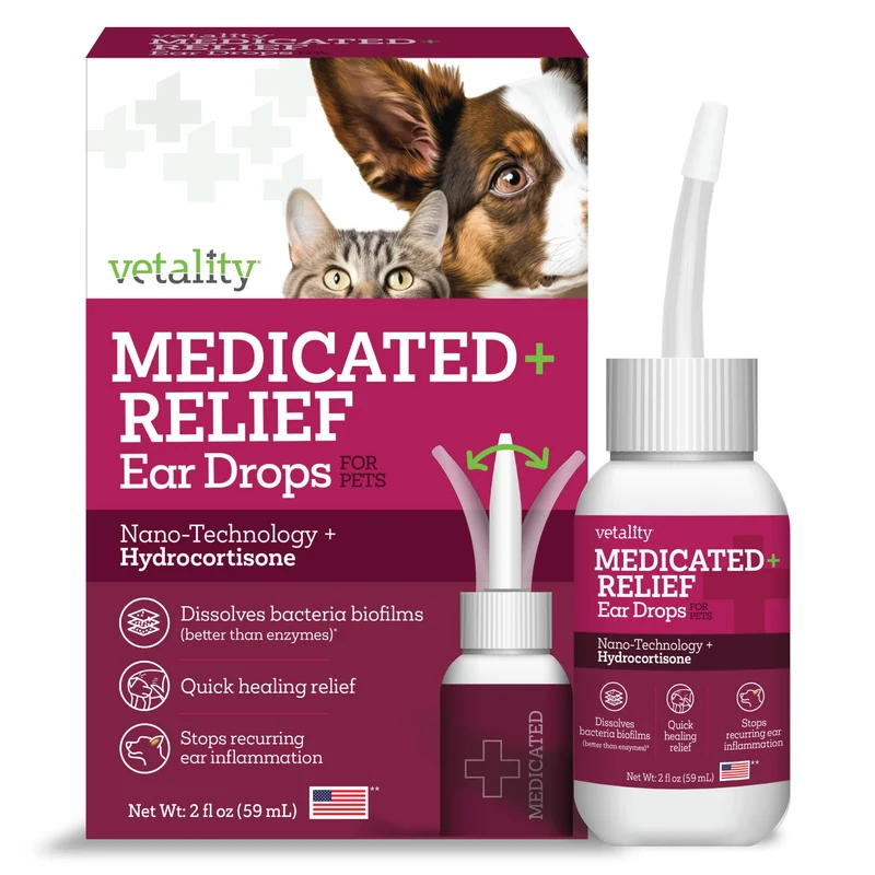 Vetality Gouttes Otique Médicamenteuses pour Infection de l’Oreille du Chien, 60 ml