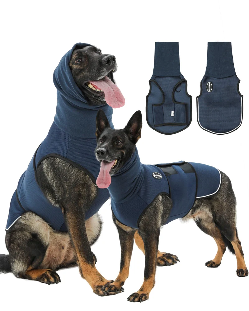 Meifsou Gilet anti-anxiété pour chien avec capuche – Veste apaisante sans médicament (L, bleu foncé)