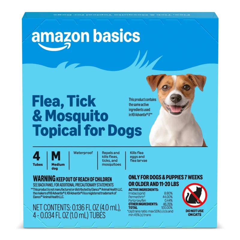 Amazon Basics Traitement Topique Préventif Puces, Tiques et Moustiques pour Chien Moyen (11–20 livres) – 4 doses