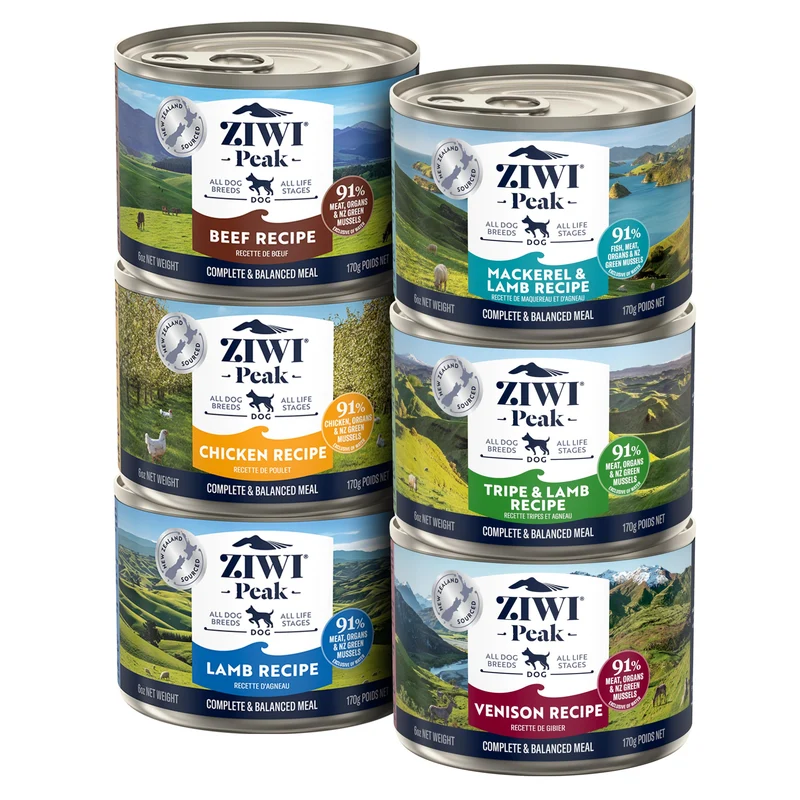 ZIWI Peak Nourriture humide pour chien – Pack Varié en Conserves (6 × 170 g) | Boeuf, Poulet, Agneau, Maquereau, Tripes, Venaison