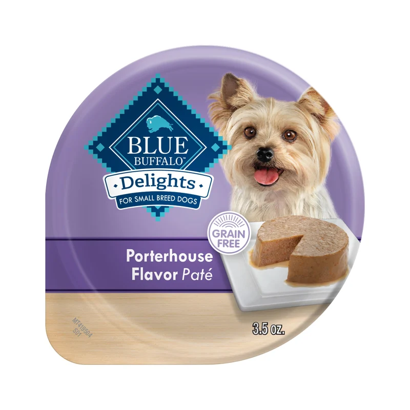Blue Buffalo Delights Pâté Humide Petit Chien Adulte – Saveur Porterhouse Bœuf, Pots 100 g (12 pots)
