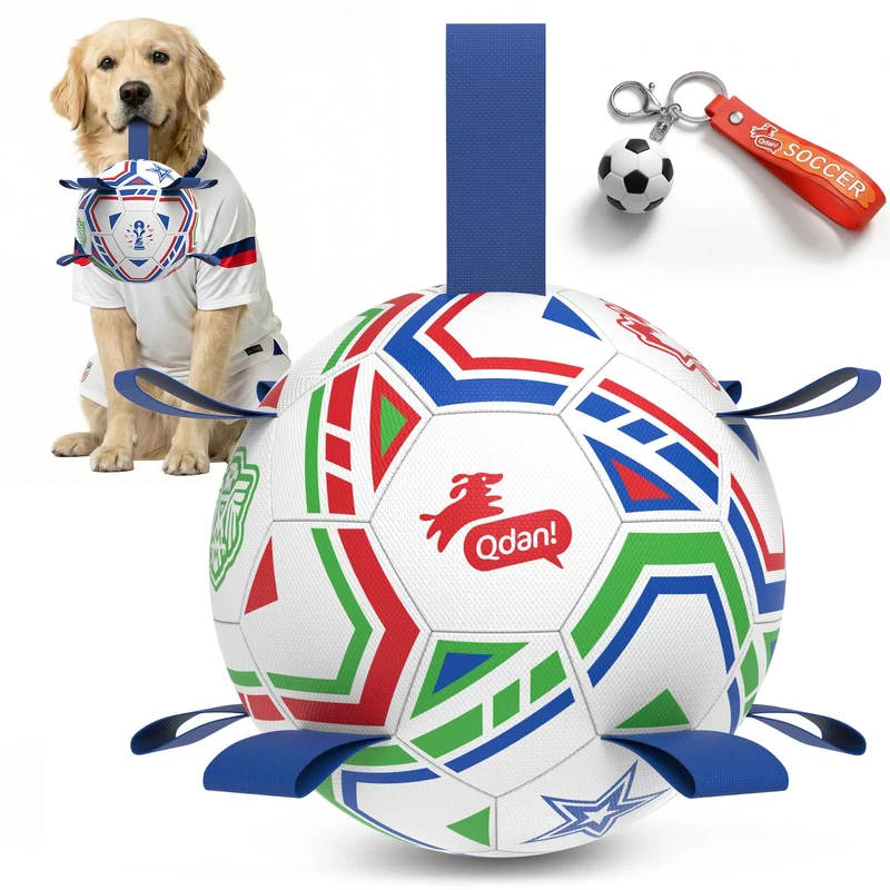 QDAN Ballon Coupe du Monde pour Chien – 8 pouces, sangles interactives, tir et entraînement – Intérieur et extérieur – Balle d'entraînement 2026