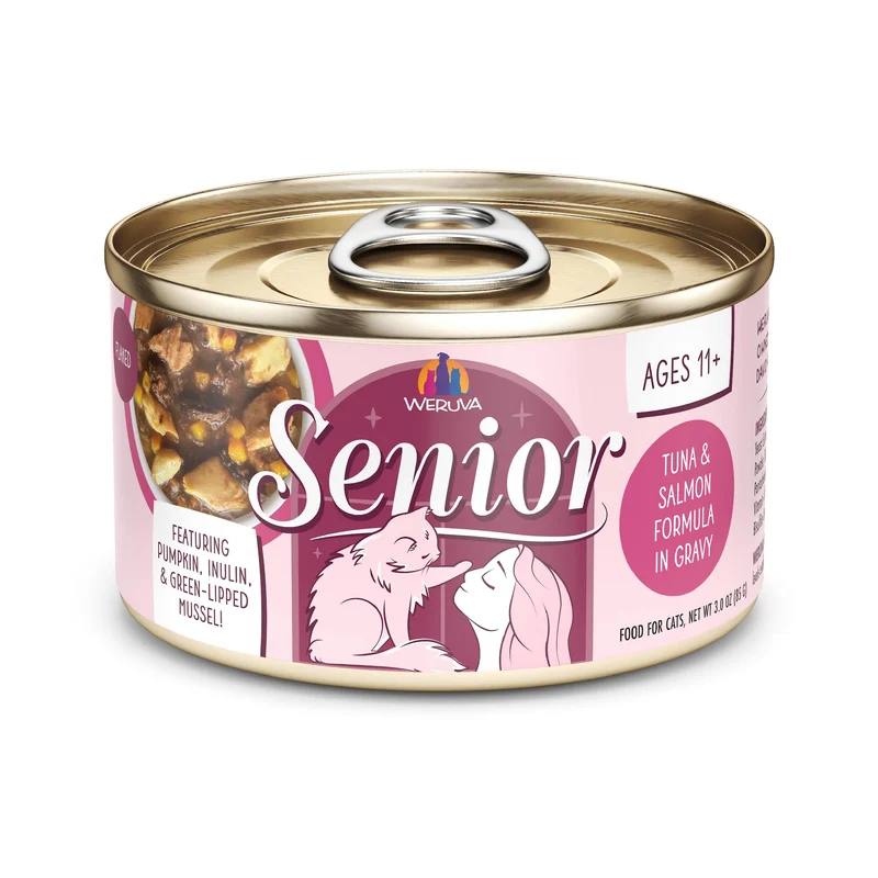 Weruva Senior Chat — Nourriture humide senior pour chat, Thon et Saumon dans Sauce au Jus, Boîtes de 85 g (Pack de 12)