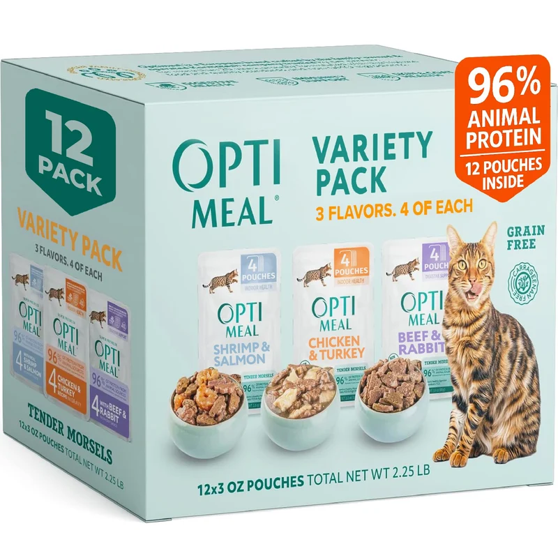 Optimeal – Variété humide sans céréales pour chat adulte, protéines élevées et ingrédients européens naturels, sachets 3oz, lot de 12
