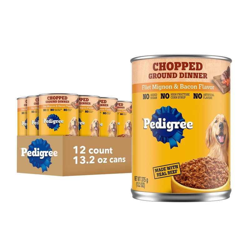 Pedigree Chopped Ground Dinner Filet Mignon et Bacon — Nourriture humide pour chien adulte en conserve, pack de 12 x 13,2 onces